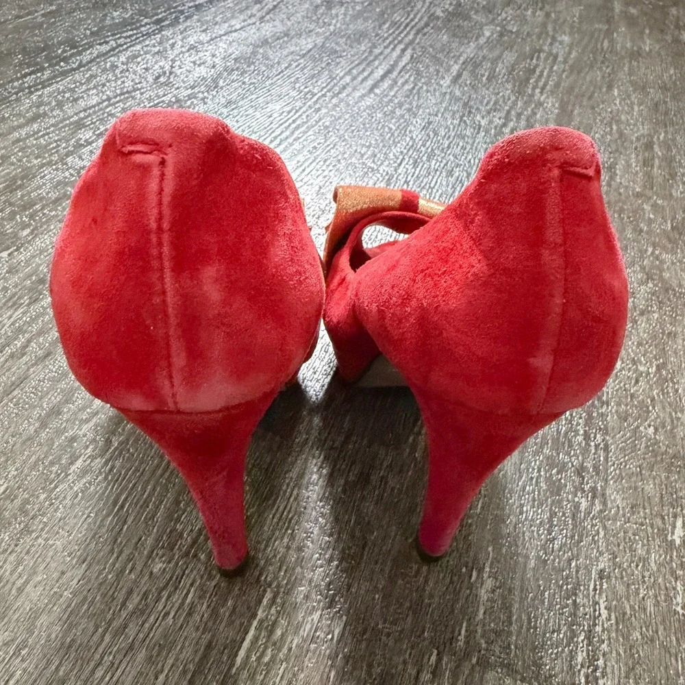 Bailing Li Ren Red Suede Platform Heels with Glitter Bow Pumps Women Size 5.5